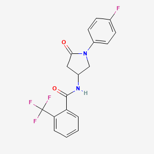 molecular formula C18H14F4N2O2 B2942458 N-[1-(4-fluorophenyl)-5-oxopyrrolidin-3-yl]-2-(trifluoromethyl)benzamide CAS No. 905663-40-3