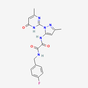 molecular formula C18H17FN6O3 B2942494 N1-(4-fluorobenzyl)-N2-(3-methyl-1-(4-methyl-6-oxo-1,6-dihydropyrimidin-2-yl)-1H-pyrazol-5-yl)oxalamide CAS No. 1013890-48-6