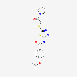 molecular formula C18H22N4O3S2 B2942522 4-isopropoxy-N-(5-((2-oxo-2-(pyrrolidin-1-yl)ethyl)thio)-1,3,4-thiadiazol-2-yl)benzamide CAS No. 476466-71-4
