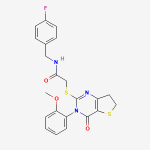 molecular formula C22H20FN3O3S2 B2942765 N-[(4-fluorophenyl)methyl]-2-{[3-(2-methoxyphenyl)-4-oxo-3H,4H,6H,7H-thieno[3,2-d]pyrimidin-2-yl]sulfanyl}acetamide CAS No. 686772-25-8