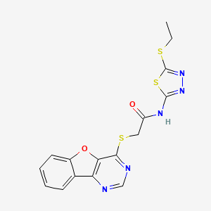 molecular formula C16H13N5O2S3 B2942769 N-[5-(ethylsulfanyl)-1,3,4-thiadiazol-2-yl]-2-{8-oxa-3,5-diazatricyclo[7.4.0.0^{2,7}]trideca-1(9),2(7),3,5,10,12-hexaen-6-ylsulfanyl}acetamide CAS No. 851130-16-0