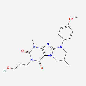 molecular formula C20H25N5O4 B2943042 3-(3-hydroxypropyl)-9-(4-methoxyphenyl)-1,7-dimethyl-6,7,8,9-tetrahydropyrimido[2,1-f]purine-2,4(1H,3H)-dione CAS No. 845807-90-1