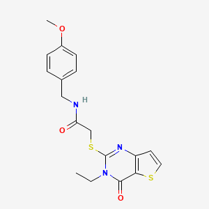 molecular formula C18H19N3O3S2 B2943054 2-[(3-ethyl-4-oxo-3,4-dihydrothieno[3,2-d]pyrimidin-2-yl)sulfanyl]-N-(4-methoxybenzyl)acetamide CAS No. 1252906-54-9