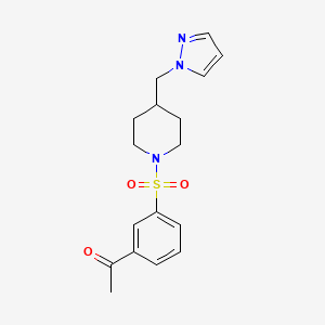 molecular formula C17H21N3O3S B2943063 1-(3-((4-((1H-pyrazol-1-yl)methyl)piperidin-1-yl)sulfonyl)phenyl)ethanone CAS No. 1396578-10-1