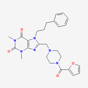 molecular formula C26H30N6O4 B2943128 8-[[4-(Furan-2-carbonyl)piperazin-1-yl]methyl]-1,3-dimethyl-7-(3-phenylpropyl)purine-2,6-dione CAS No. 851943-22-1