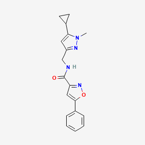 molecular formula C18H18N4O2 B2943139 N-((5-cyclopropyl-1-methyl-1H-pyrazol-3-yl)methyl)-5-phenylisoxazole-3-carboxamide CAS No. 1448044-52-7