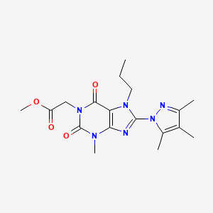 molecular formula C18H24N6O4 B2943141 methyl 2-(3-methyl-2,6-dioxo-7-propyl-8-(3,4,5-trimethyl-1H-pyrazol-1-yl)-2,3,6,7-tetrahydro-1H-purin-1-yl)acetate CAS No. 1013989-89-3