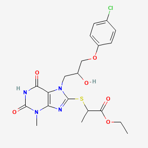 molecular formula C20H23ClN4O6S B2943147 ethyl 2-((7-(3-(4-chlorophenoxy)-2-hydroxypropyl)-3-methyl-2,6-dioxo-2,3,6,7-tetrahydro-1H-purin-8-yl)thio)propanoate CAS No. 330179-43-6