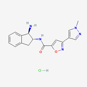 molecular formula C17H18ClN5O2 B2943255 N-[(1R,2R)-1-Amino-2,3-dihydro-1H-inden-2-yl]-3-(1-methylpyrazol-4-yl)-1,2-oxazole-5-carboxamide;hydrochloride CAS No. 2418593-73-2