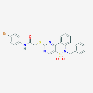 molecular formula C26H21BrN4O3S2 B2943317 N-(4-bromophenyl)-2-({9-[(2-methylphenyl)methyl]-8,8-dioxo-8lambda6-thia-3,5,9-triazatricyclo[8.4.0.0^{2,7}]tetradeca-1(14),2(7),3,5,10,12-hexaen-4-yl}sulfanyl)acetamide CAS No. 931334-89-3