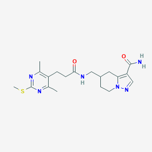 molecular formula C19H26N6O2S B2943510 5-[[3-(4,6-Dimethyl-2-methylsulfanylpyrimidin-5-yl)propanoylamino]methyl]-4,5,6,7-tetrahydropyrazolo[1,5-a]pyridine-3-carboxamide CAS No. 2109006-84-8
