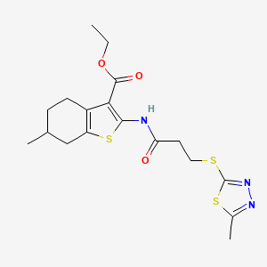 molecular formula C18H23N3O3S3 B2943523 Ethyl 6-methyl-2-(3-((5-methyl-1,3,4-thiadiazol-2-yl)thio)propanamido)-4,5,6,7-tetrahydrobenzo[b]thiophene-3-carboxylate CAS No. 670273-09-3