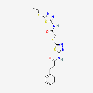 molecular formula C17H18N6O2S4 B2943586 N-(5-((2-((5-(ethylthio)-1,3,4-thiadiazol-2-yl)amino)-2-oxoethyl)thio)-1,3,4-thiadiazol-2-yl)-3-phenylpropanamide CAS No. 477215-07-9