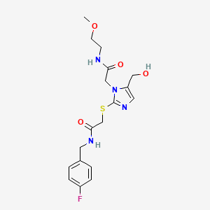 molecular formula C18H23FN4O4S B2943620 N-(4-fluorobenzyl)-2-((5-(hydroxymethyl)-1-(2-((2-methoxyethyl)amino)-2-oxoethyl)-1H-imidazol-2-yl)thio)acetamide CAS No. 921885-02-1