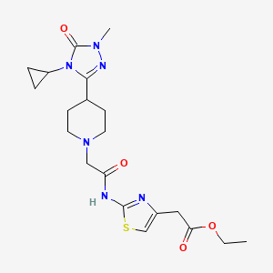 molecular formula C20H28N6O4S B2943687 ethyl 2-(2-(2-(4-(4-cyclopropyl-1-methyl-5-oxo-4,5-dihydro-1H-1,2,4-triazol-3-yl)piperidin-1-yl)acetamido)thiazol-4-yl)acetate CAS No. 1797957-78-8