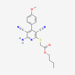 molecular formula C20H20N4O3S B2943843 BUTYL 2-{[6-AMINO-3,5-DICYANO-4-(4-METHOXYPHENYL)PYRIDIN-2-YL]SULFANYL}ACETATE CAS No. 361478-00-4