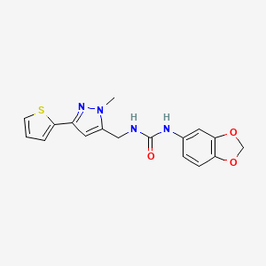 molecular formula C17H16N4O3S B2943958 1-(2H-1,3-benzodioxol-5-yl)-3-{[1-methyl-3-(thiophen-2-yl)-1H-pyrazol-5-yl]methyl}urea CAS No. 2309749-28-6