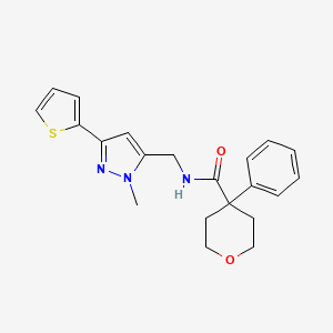 molecular formula C21H23N3O2S B2944027 N-{[1-methyl-3-(thiophen-2-yl)-1H-pyrazol-5-yl]methyl}-4-phenyloxane-4-carboxamide CAS No. 2309591-40-8