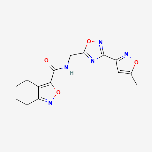 molecular formula C15H15N5O4 B2944227 N-{[3-(5-methyl-1,2-oxazol-3-yl)-1,2,4-oxadiazol-5-yl]methyl}-4,5,6,7-tetrahydro-2,1-benzoxazole-3-carboxamide CAS No. 2097890-14-5