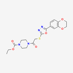 molecular formula C19H22N4O6S B2944418 Ethyl 4-(2-((5-(2,3-dihydrobenzo[b][1,4]dioxin-6-yl)-1,3,4-oxadiazol-2-yl)thio)acetyl)piperazine-1-carboxylate CAS No. 851129-83-4