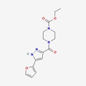 molecular formula C15H18N4O4 B2944583 ethyl 4-(5-(furan-2-yl)-1H-pyrazole-3-carbonyl)piperazine-1-carboxylate CAS No. 1103971-36-3