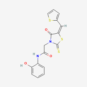molecular formula C16H12N2O3S3 B2944678 (E)-N-(2-hydroxyphenyl)-2-(4-oxo-5-(thiophen-2-ylmethylene)-2-thioxothiazolidin-3-yl)acetamide CAS No. 637317-93-2