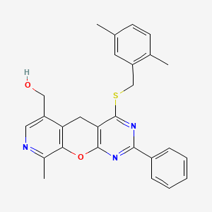 molecular formula C27H25N3O2S B2944993 (7-{[(2,5-Dimethylphenyl)methyl]sulfanyl}-14-methyl-5-phenyl-2-oxa-4,6,13-triazatricyclo[8.4.0.0^{3,8}]tetradeca-1(10),3(8),4,6,11,13-hexaen-11-yl)methanol CAS No. 892416-50-1