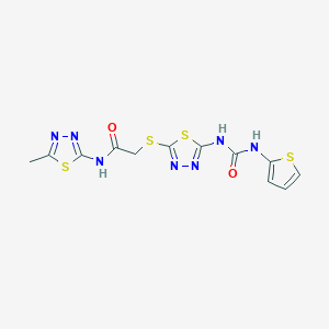 molecular formula C12H11N7O2S4 B2945125 N-(5-methyl-1,3,4-thiadiazol-2-yl)-2-((5-(3-(thiophen-2-yl)ureido)-1,3,4-thiadiazol-2-yl)thio)acetamide CAS No. 1171972-11-4