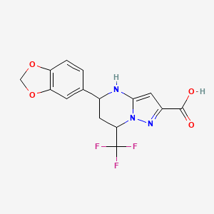 molecular formula C15H12F3N3O4 B2945136 5-(1,3-Benzodioxol-5-yl)-7-(trifluoromethyl)-4,5,6,7-tetrahydropyrazolo[1,5-a]pyrimidine-2-carboxylic acid CAS No. 332856-52-7