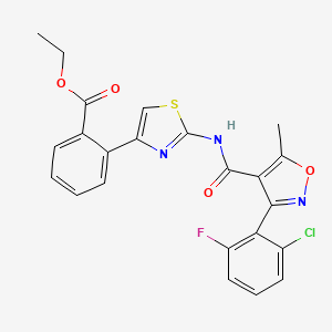 molecular formula C23H17ClFN3O4S B2945193 Ethyl 2-[2-({[3-(2-chloro-6-fluorophenyl)-5-methyl-4-isoxazolyl]carbonyl}amino)-1,3-thiazol-4-yl]benzenecarboxylate CAS No. 250713-88-3