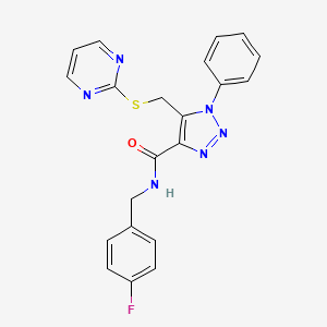 molecular formula C21H17FN6OS B2945325 N-(4-fluorobenzyl)-1-phenyl-5-((pyrimidin-2-ylthio)methyl)-1H-1,2,3-triazole-4-carboxamide CAS No. 1105209-34-4