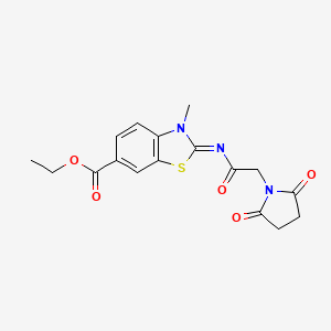 molecular formula C17H17N3O5S B2945466 ethyl (2E)-2-{[2-(2,5-dioxopyrrolidin-1-yl)acetyl]imino}-3-methyl-2,3-dihydro-1,3-benzothiazole-6-carboxylate CAS No. 865545-14-8