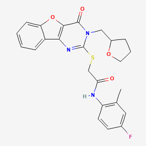 molecular formula C24H22FN3O4S B2945487 N-(4-fluoro-2-methylphenyl)-2-({6-oxo-5-[(oxolan-2-yl)methyl]-8-oxa-3,5-diazatricyclo[7.4.0.0^{2,7}]trideca-1(9),2(7),3,10,12-pentaen-4-yl}sulfanyl)acetamide CAS No. 899755-06-7