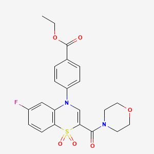 molecular formula C22H21FN2O6S B2945557 ethyl 4-[6-fluoro-2-(morpholine-4-carbonyl)-1,1-dioxo-4H-1lambda6,4-benzothiazin-4-yl]benzoate CAS No. 1251583-91-1