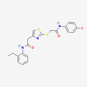 molecular formula C21H20FN3O2S2 B2945628 N-(2-ethylphenyl)-2-(2-((2-((4-fluorophenyl)amino)-2-oxoethyl)thio)thiazol-4-yl)acetamide CAS No. 941921-70-6
