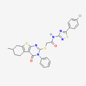 molecular formula C27H22ClN5O2S3 B2945634 N-[5-(4-chlorophenyl)-1,2,4-thiadiazol-3-yl]-2-({11-methyl-3-oxo-4-phenyl-8-thia-4,6-diazatricyclo[7.4.0.0^{2,7}]trideca-1(9),2(7),5-trien-5-yl}sulfanyl)acetamide CAS No. 671200-52-5