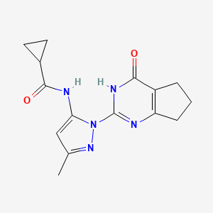 molecular formula C15H17N5O2 B2945895 N-(3-methyl-1-(4-oxo-4,5,6,7-tetrahydro-3H-cyclopenta[d]pyrimidin-2-yl)-1H-pyrazol-5-yl)cyclopropanecarboxamide CAS No. 1003799-23-2