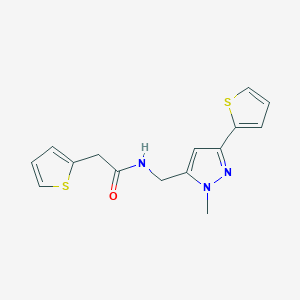 molecular formula C15H15N3OS2 B2945953 N-{[1-methyl-3-(thiophen-2-yl)-1H-pyrazol-5-yl]methyl}-2-(thiophen-2-yl)acetamide CAS No. 2309751-49-1