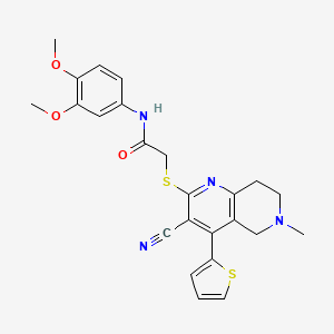molecular formula C24H24N4O3S2 B2946045 2-[(3-cyano-6-methyl-4-thiophen-2-yl-7,8-dihydro-5H-1,6-naphthyridin-2-yl)sulfanyl]-N-(3,4-dimethoxyphenyl)acetamide CAS No. 496018-61-2