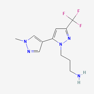 molecular formula C11H14F3N5 B2946112 3-(1'-Methyl-5-(trifluoromethyl)-1'H,2H-[3,4'-bipyrazol]-2-yl)propan-1-amine CAS No. 1006319-18-1