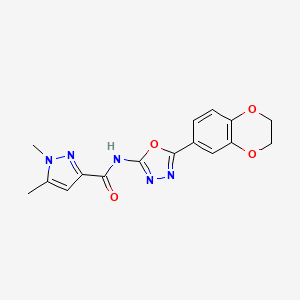 molecular formula C16H15N5O4 B2946139 N-(5-(2,3-dihydrobenzo[b][1,4]dioxin-6-yl)-1,3,4-oxadiazol-2-yl)-1,5-dimethyl-1H-pyrazole-3-carboxamide CAS No. 1013785-74-4