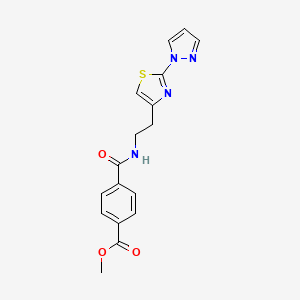 molecular formula C17H16N4O3S B2946197 methyl 4-((2-(2-(1H-pyrazol-1-yl)thiazol-4-yl)ethyl)carbamoyl)benzoate CAS No. 1448047-53-7