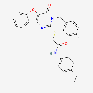 molecular formula C28H25N3O3S B2946229 N-(4-ethylphenyl)-2-((3-(4-methylbenzyl)-4-oxo-3,4-dihydrobenzofuro[3,2-d]pyrimidin-2-yl)thio)acetamide CAS No. 892281-39-9