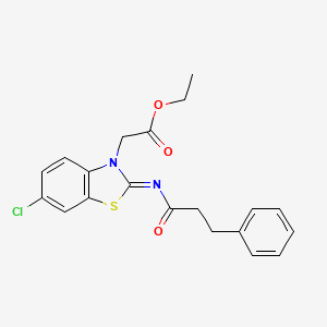 molecular formula C20H19ClN2O3S B2946245 ethyl 2-[(2Z)-6-chloro-2-[(3-phenylpropanoyl)imino]-2,3-dihydro-1,3-benzothiazol-3-yl]acetate CAS No. 865247-05-8