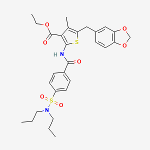 molecular formula C29H34N2O7S2 B2946590 ethyl 5-(benzo[d][1,3]dioxol-5-ylmethyl)-2-(4-(N,N-dipropylsulfamoyl)benzamido)-4-methylthiophene-3-carboxylate CAS No. 476365-33-0