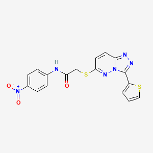 molecular formula C17H12N6O3S2 B2946596 N-(4-nitrophenyl)-2-((3-(thiophen-2-yl)-[1,2,4]triazolo[4,3-b]pyridazin-6-yl)thio)acetamide CAS No. 868966-71-6