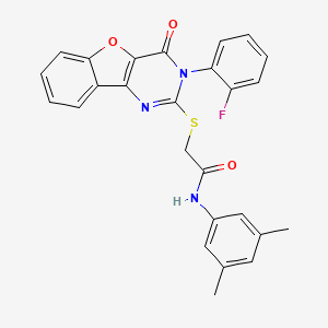 molecular formula C26H20FN3O3S B2946807 N-(3,5-dimethylphenyl)-2-{[5-(2-fluorophenyl)-6-oxo-8-oxa-3,5-diazatricyclo[7.4.0.0^{2,7}]trideca-1(9),2(7),3,10,12-pentaen-4-yl]sulfanyl}acetamide CAS No. 872207-85-7