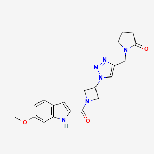 molecular formula C20H22N6O3 B2946852 1-((1-(1-(6-methoxy-1H-indole-2-carbonyl)azetidin-3-yl)-1H-1,2,3-triazol-4-yl)methyl)pyrrolidin-2-one CAS No. 2034407-31-1