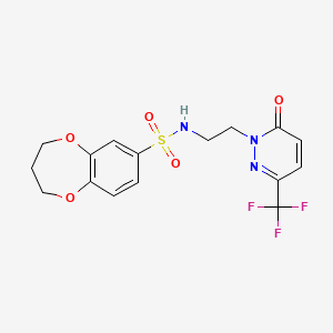 molecular formula C16H16F3N3O5S B2946933 N-{2-[6-oxo-3-(trifluoromethyl)-1,6-dihydropyridazin-1-yl]ethyl}-3,4-dihydro-2H-1,5-benzodioxepine-7-sulfonamide CAS No. 2415628-69-0