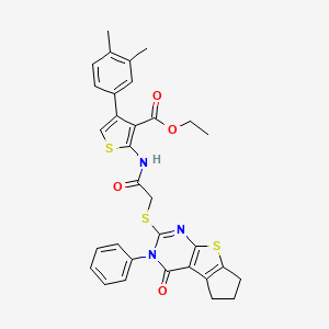 molecular formula C32H29N3O4S3 B2947037 ethyl 4-(3,4-dimethylphenyl)-2-(2-((4-oxo-3-phenyl-4,5,6,7-tetrahydro-3H-cyclopenta[4,5]thieno[2,3-d]pyrimidin-2-yl)thio)acetamido)thiophene-3-carboxylate CAS No. 670273-14-0